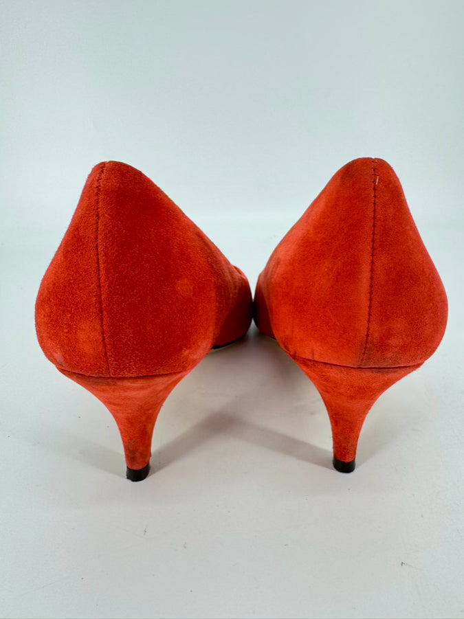SALVATORE FERRAGAMO Size 8 Orange & Gold Toe Suede Kitten Heels