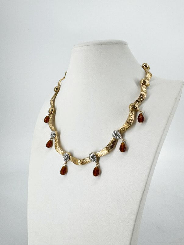 NOLAN MILLER Gold Tone Crystal & Glass Bead Scallop Design Necklace