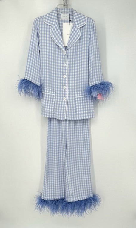 SLEEPER Size XS Periwinkle Feather Trim Checkered Pajama Set NWT