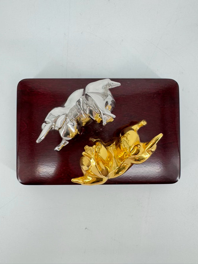 RISIS Gold & Silver Bull Chopstick Holders on Wood Base