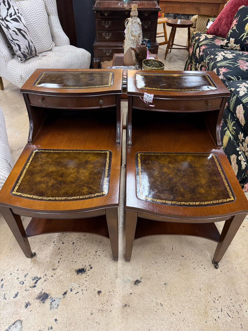 Wood Leather-Top 2-Tier Pair of End Tables