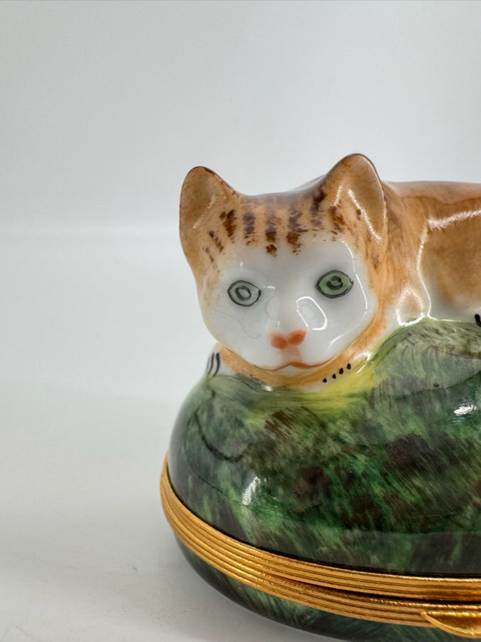 LIMOGES Brown & Green Cat Ceramic Trinket Box