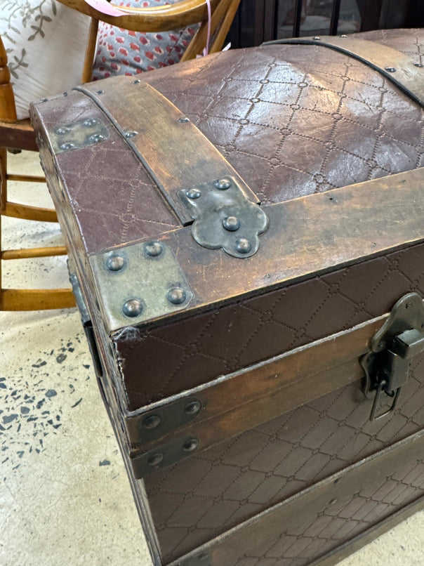 ANTIQUE Wood & Red Leather Rounded Top Trunk