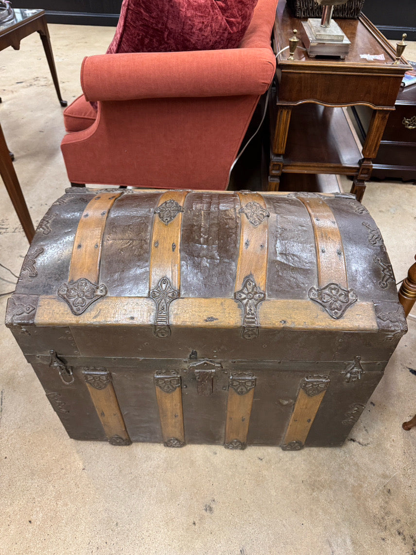 ANTIQUE Wood & Tin Rounded Top Trunk