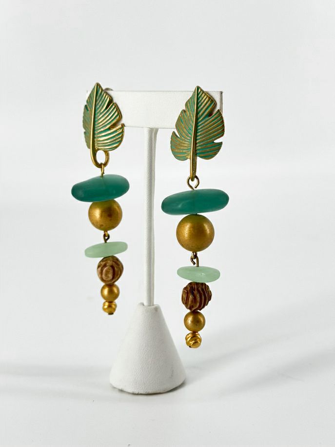 GIVENCHY Gold Tone Green Leaf Long Beaded Clip On Earrings