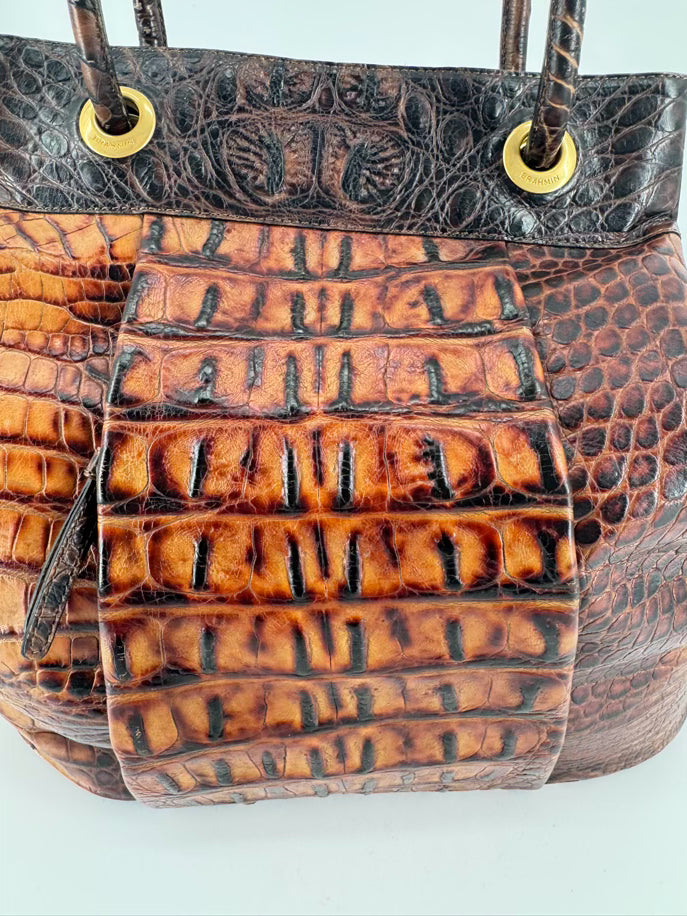 BRAHMIN Cognac Crocodile Leather Claire Bucket Bag
