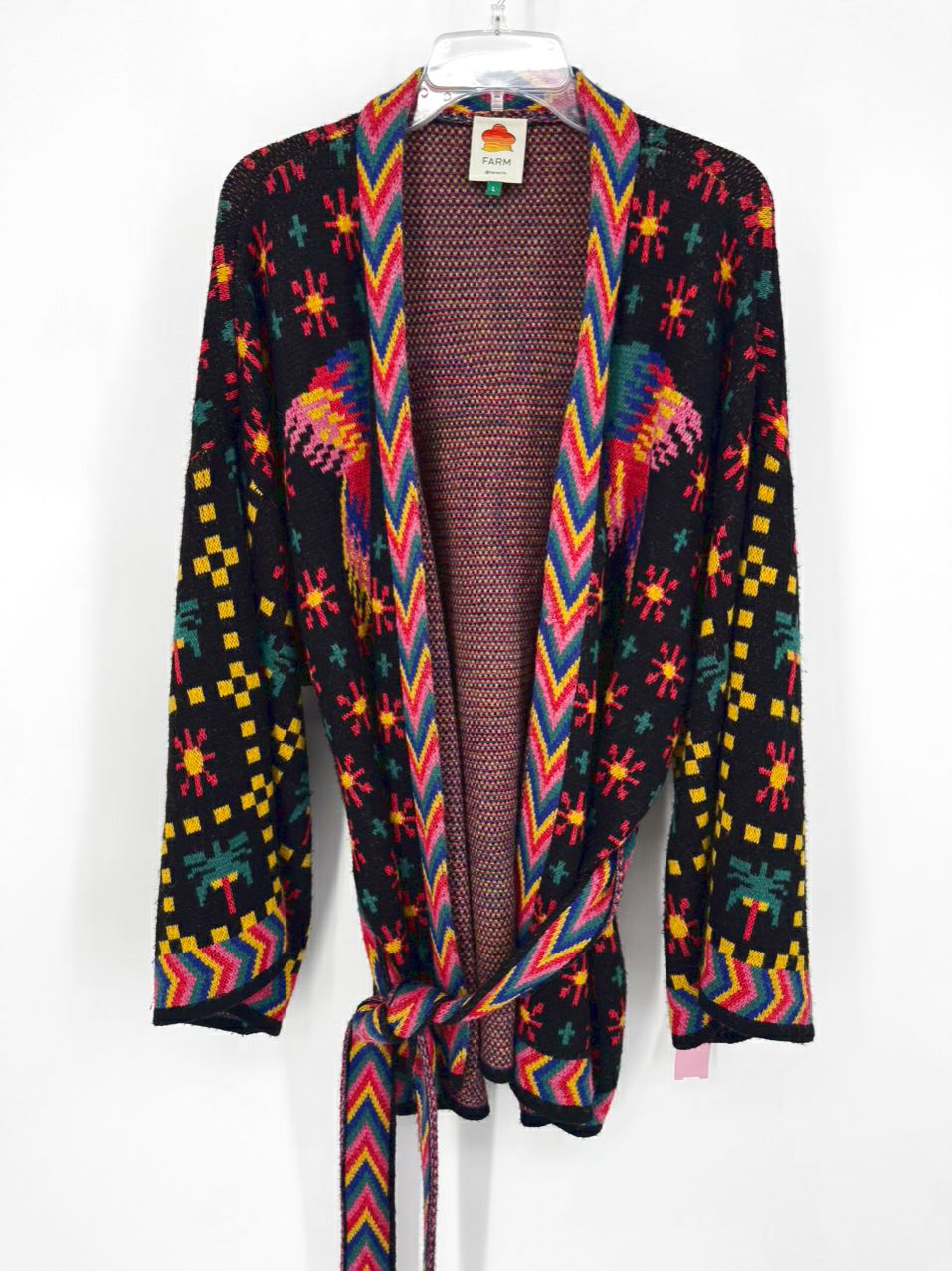 FARM RIO Size L Black & Multi-Color Knit Belted Cardigan
