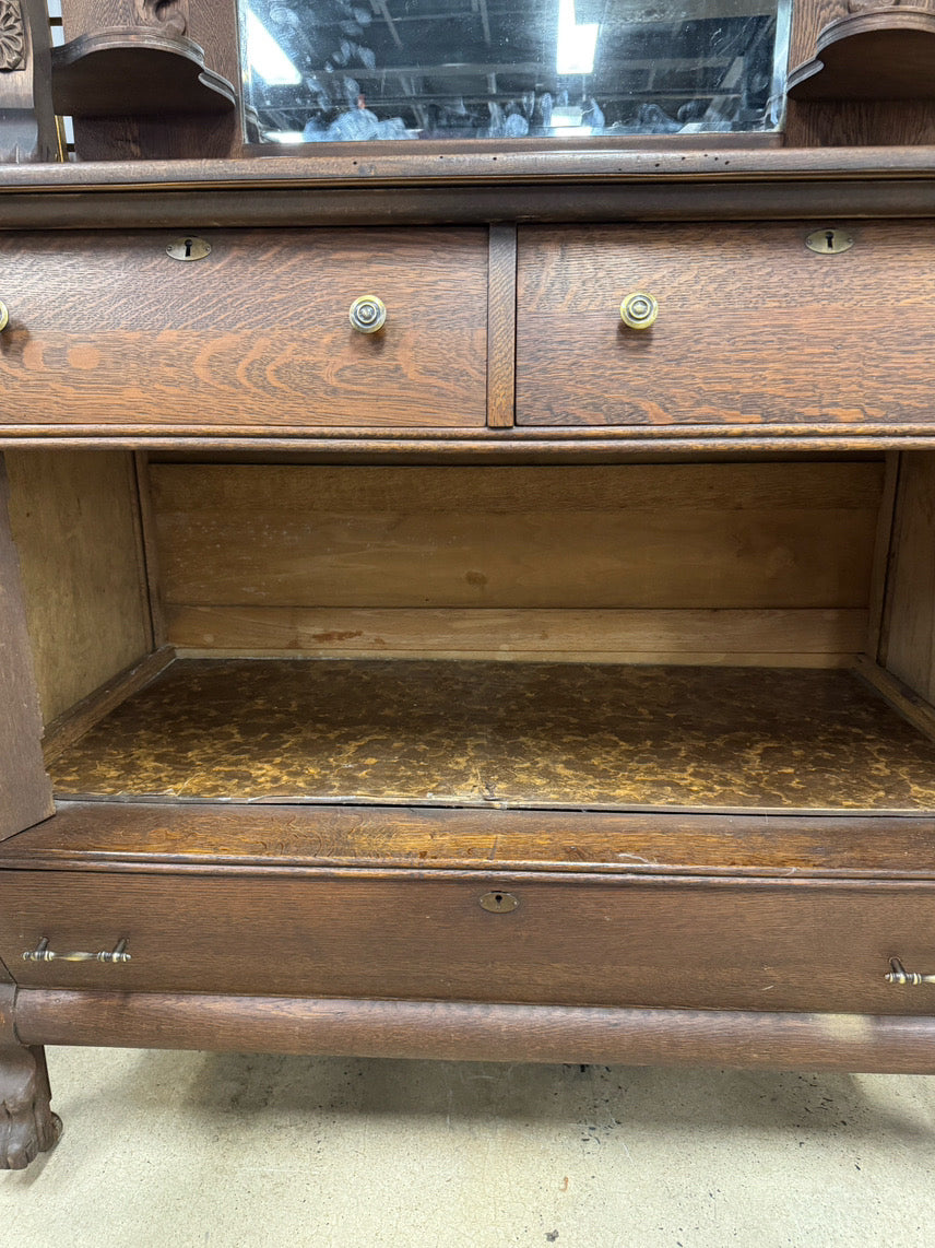 ANTIQUE Oak Mirror-Back 2-Tier Buffet