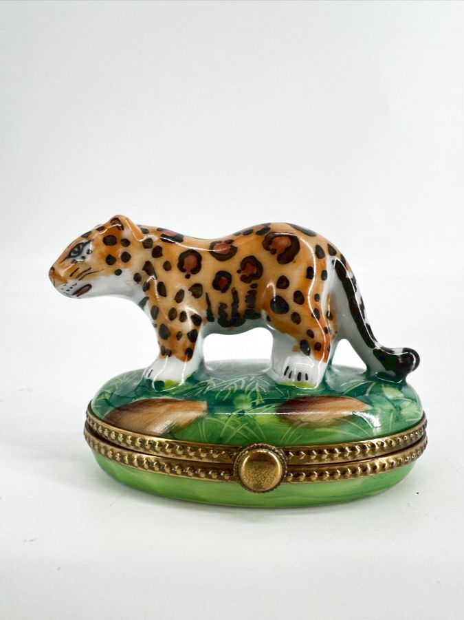 LIMOGES Green & Brown Leopard Ceramic Trinket Box