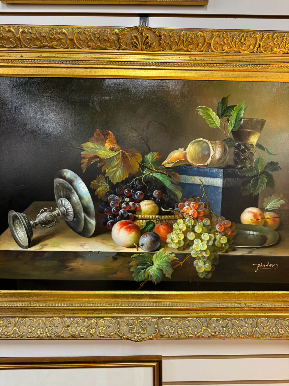 PINDER Fruit & Vessels Still Life Painting in Ornate Gold Frame