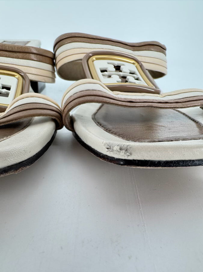 TORY BURCH Size 8.5 Brown & Cream Leather Logo Kitten Heels