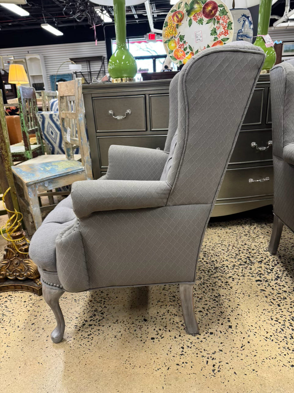 Gray Tufted Wingback Pair of Chairs