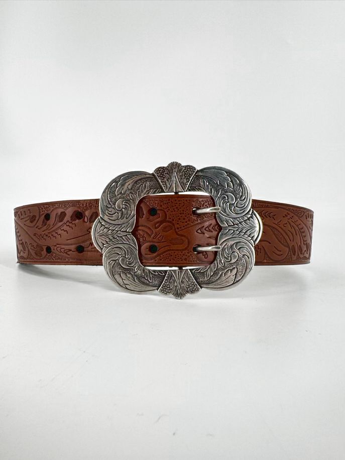 RALPH LAUREN Size M Brown Embossed Leather Western Style Belt NWT