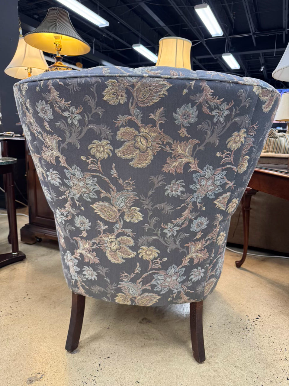 VINTAGE Blue & Pink Barrel Back Floral Chair w/ Queen Anne Legs