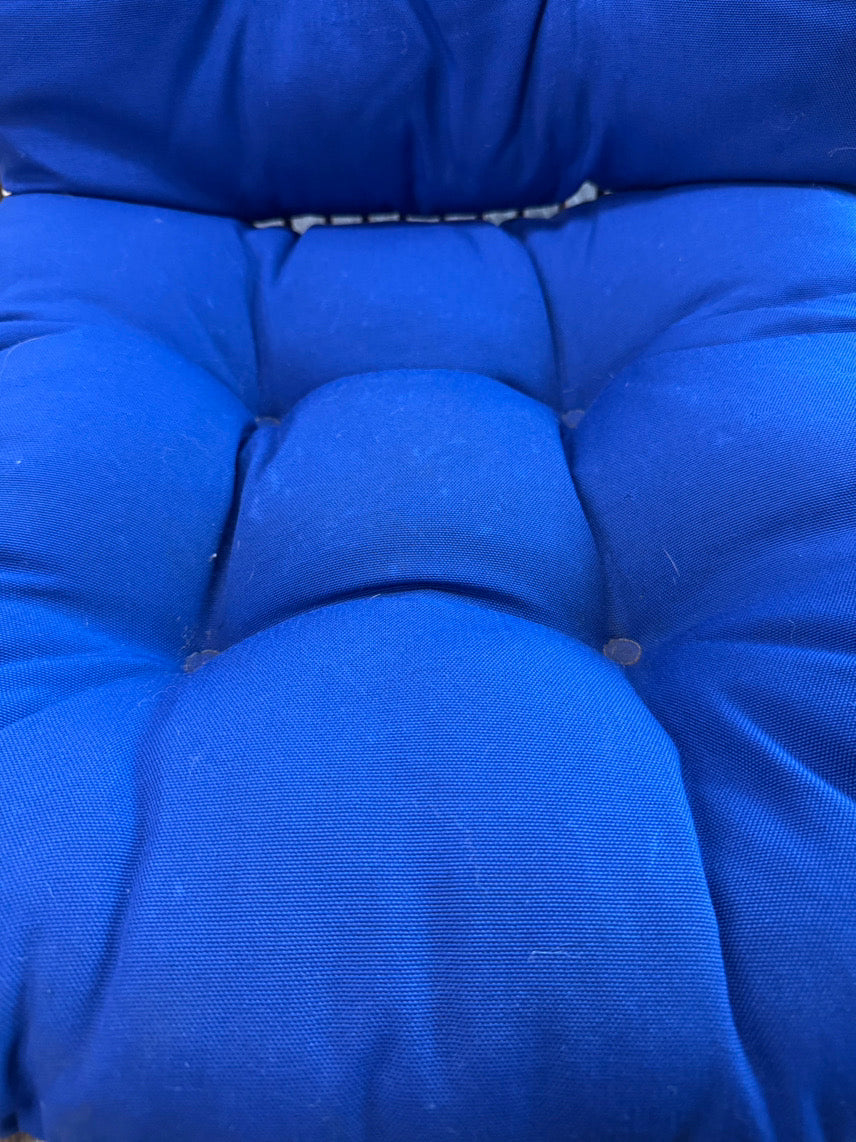 Tan Wicker Chair w/ Blue Cushions