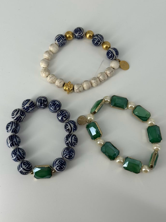 SUSAN SHAW Blue, Green, & White Set of 3 Beaded Bracelets