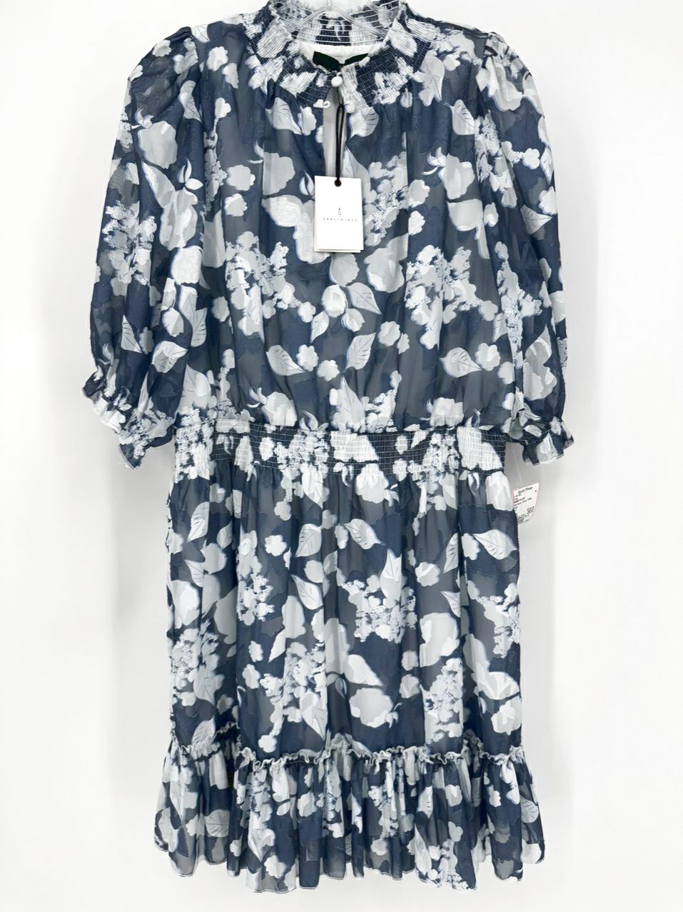 ABBEYGLASS Size L Dark Blue Floral Sheer Detail Bennett Dress NWT