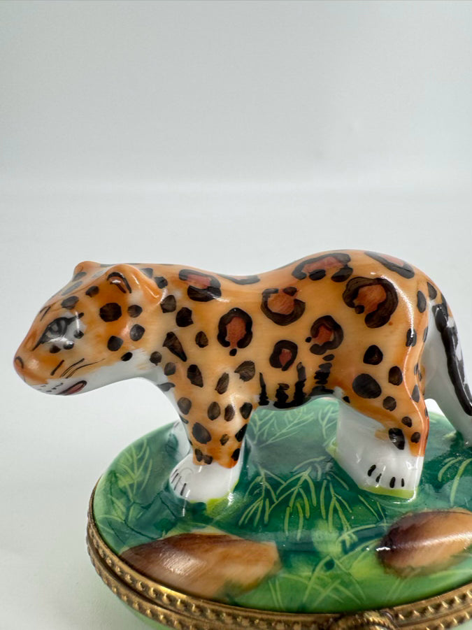 LIMOGES Green & Brown Leopard Ceramic Trinket Box