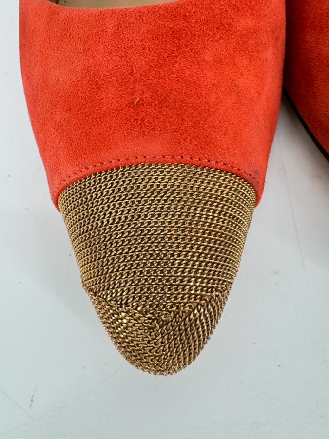 SALVATORE FERRAGAMO Size 8 Orange & Gold Toe Suede Kitten Heels
