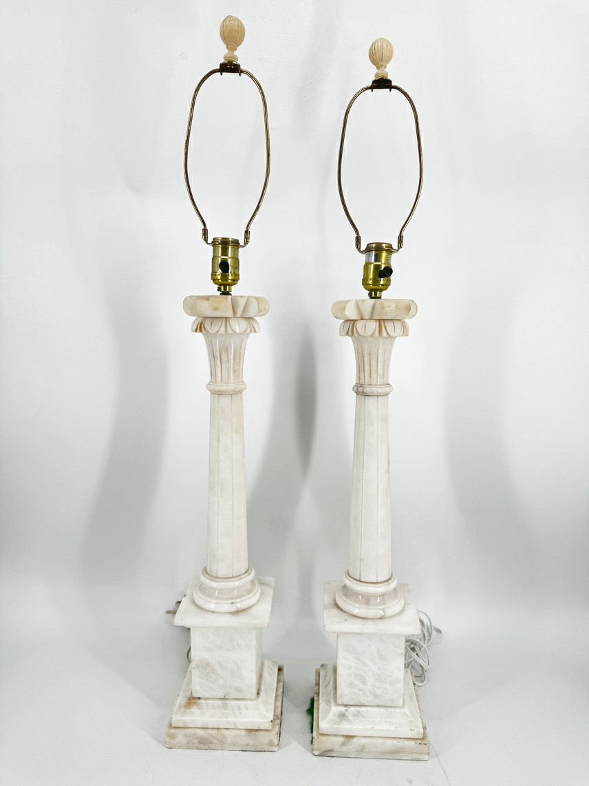 White Alabaster Neoclassical Column Pair of Lamps