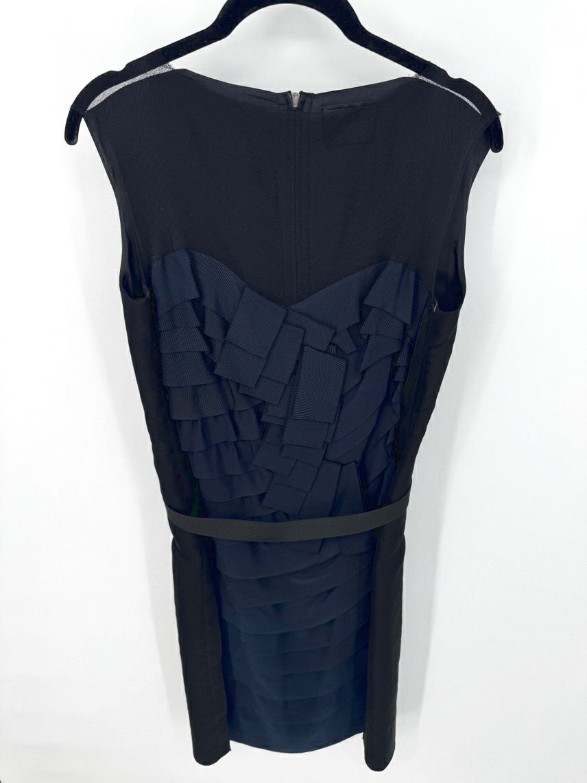 LANVIN PARIS Size 38 Black & Navy Silk Mesh Belted Sleeveless Dress