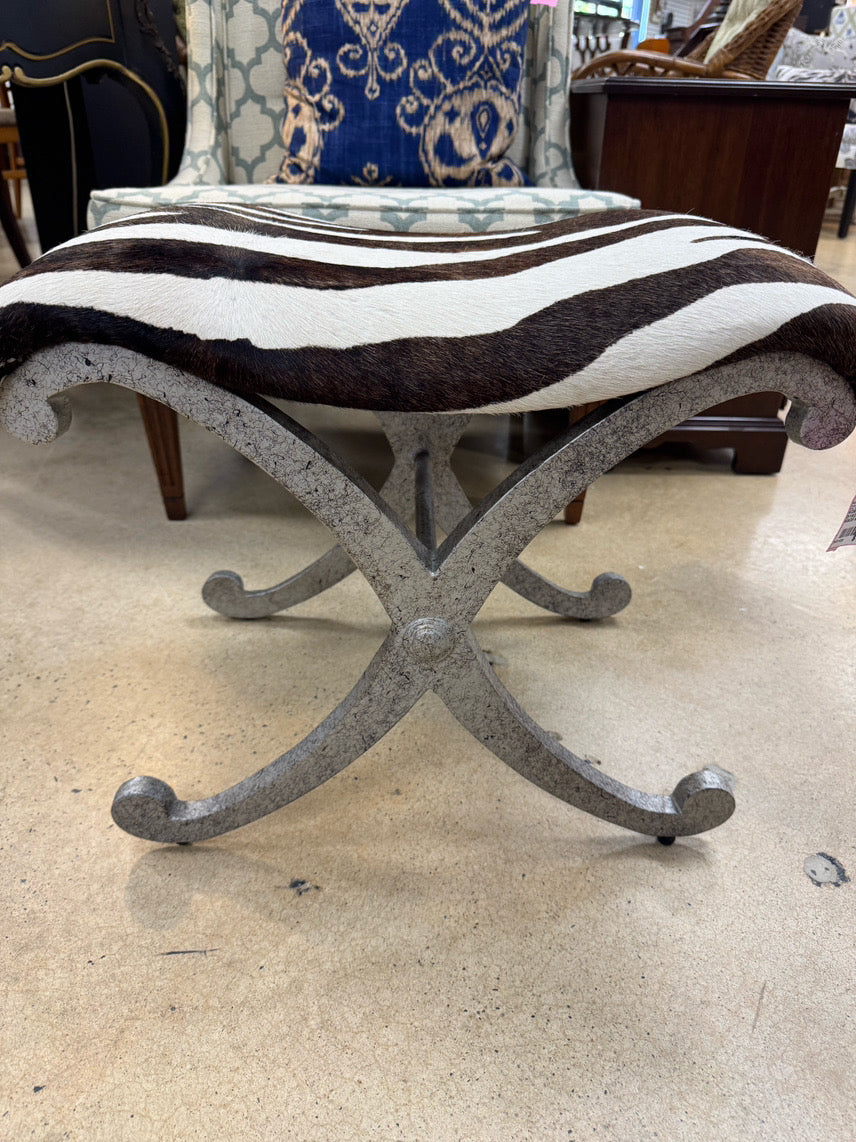 Brushed Silver Metal & Zebra Print Fabric Foot Stool