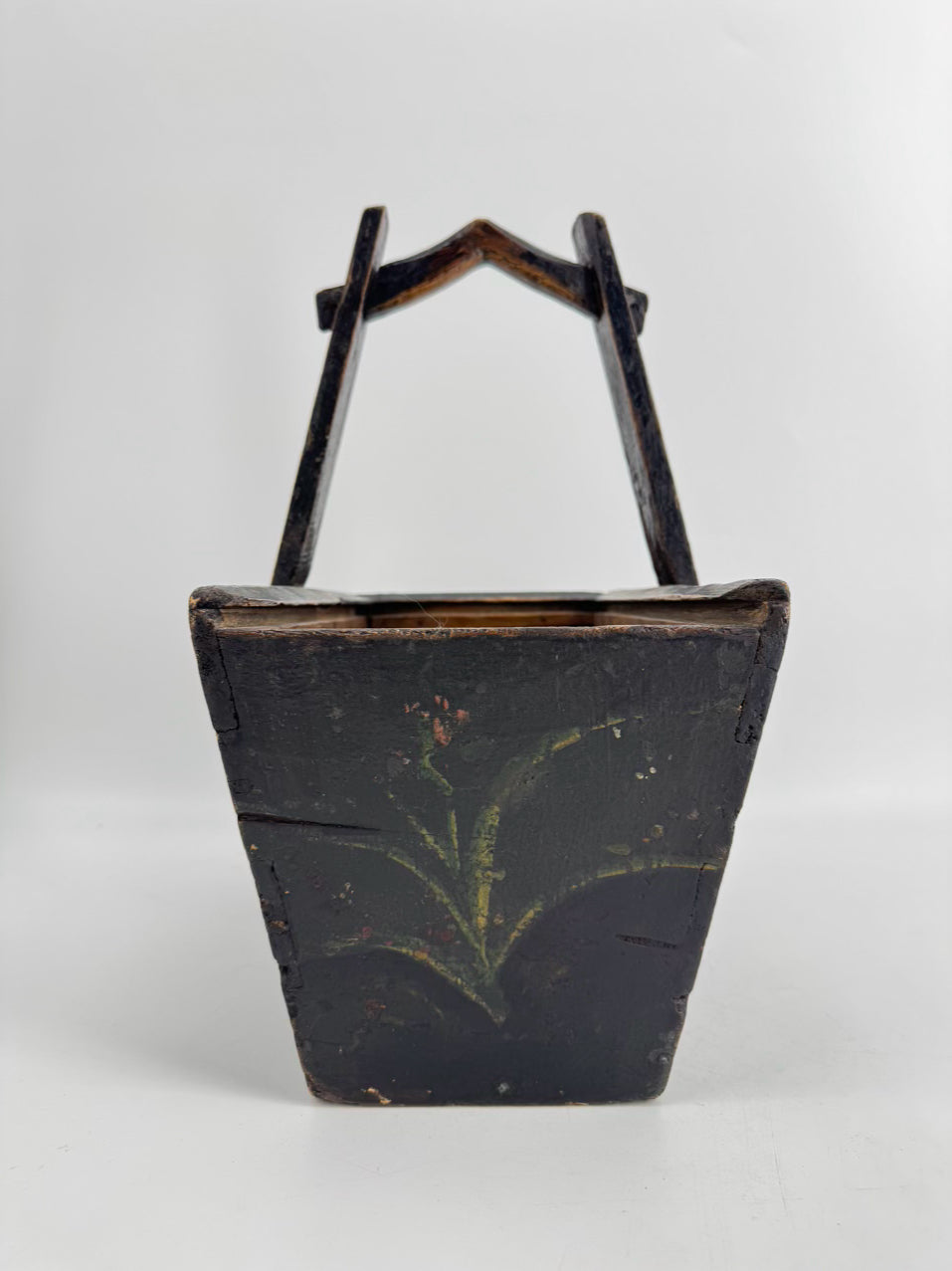 ANTIQUE Black Wood Painted Flowers Basket