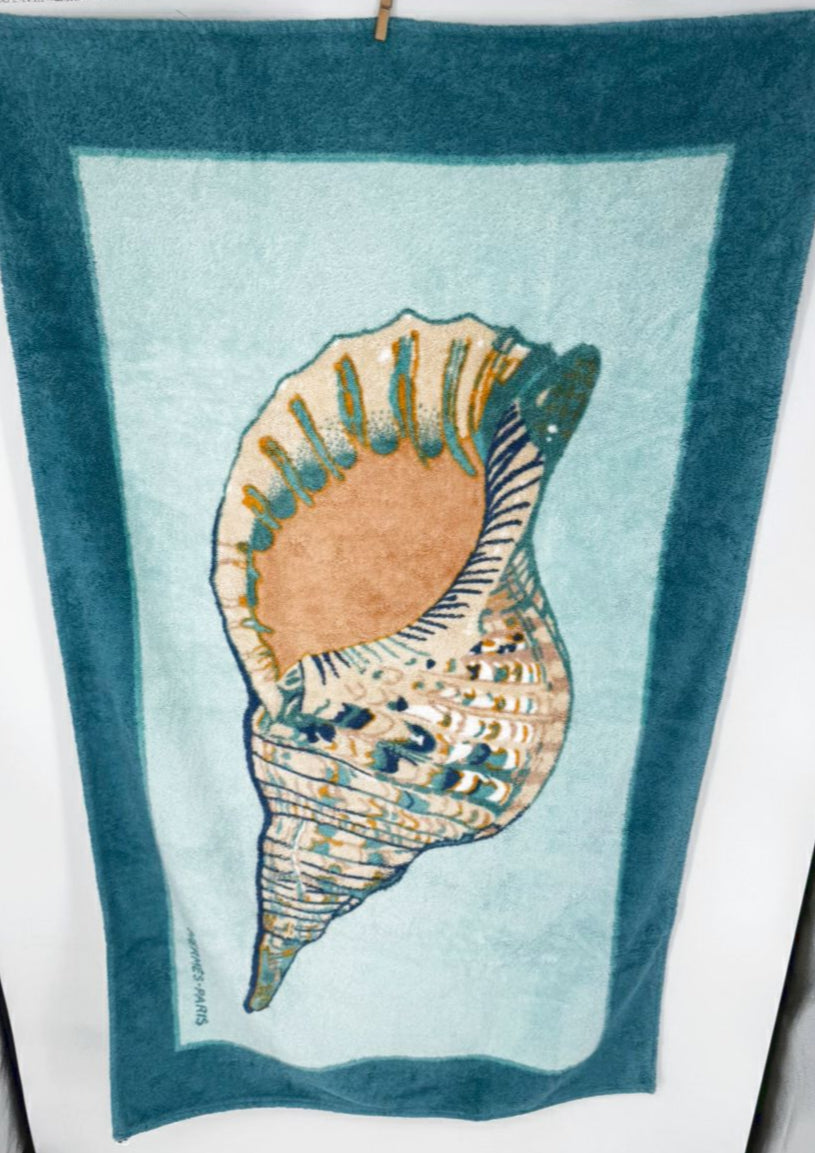 HERMES Blue & Tan Shell Beach Towel