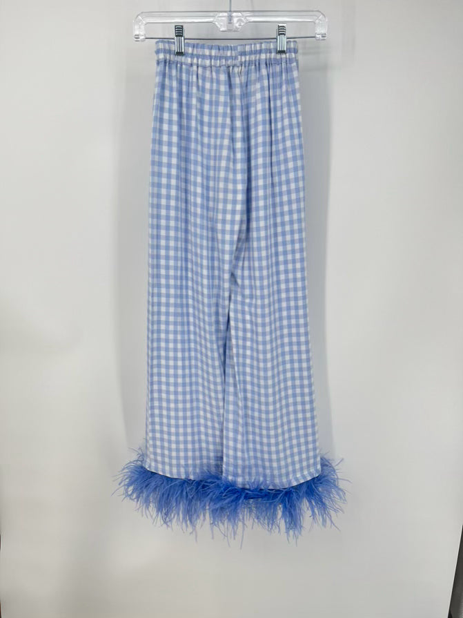 SLEEPER Size XS Periwinkle Feather Trim Checkered Pajama Set NWT