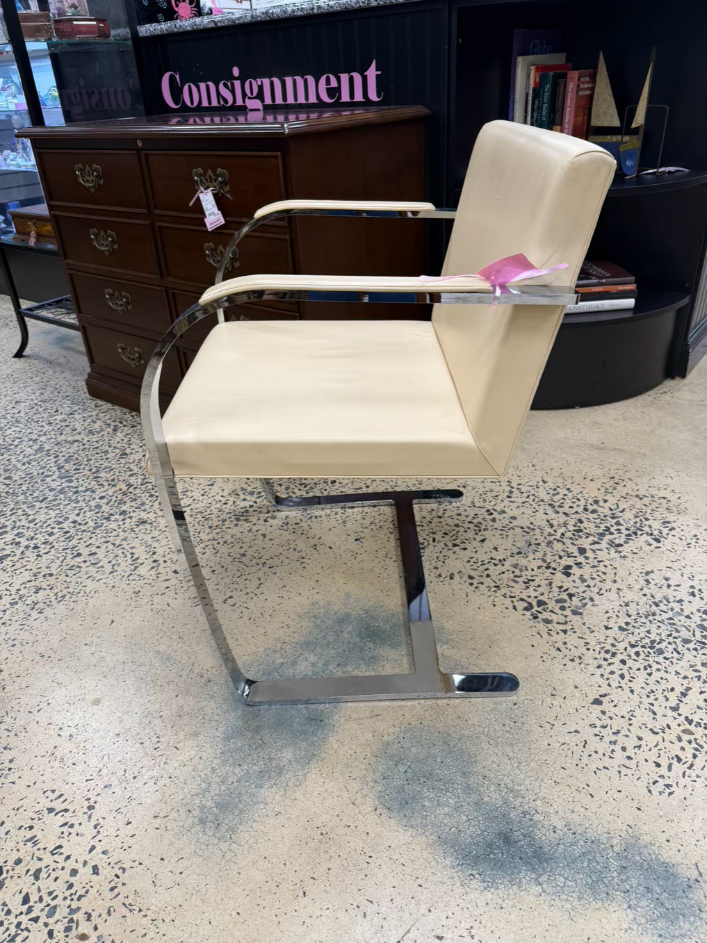 Knoll Style Cream Leather Like Chair w/ Chrome Legs