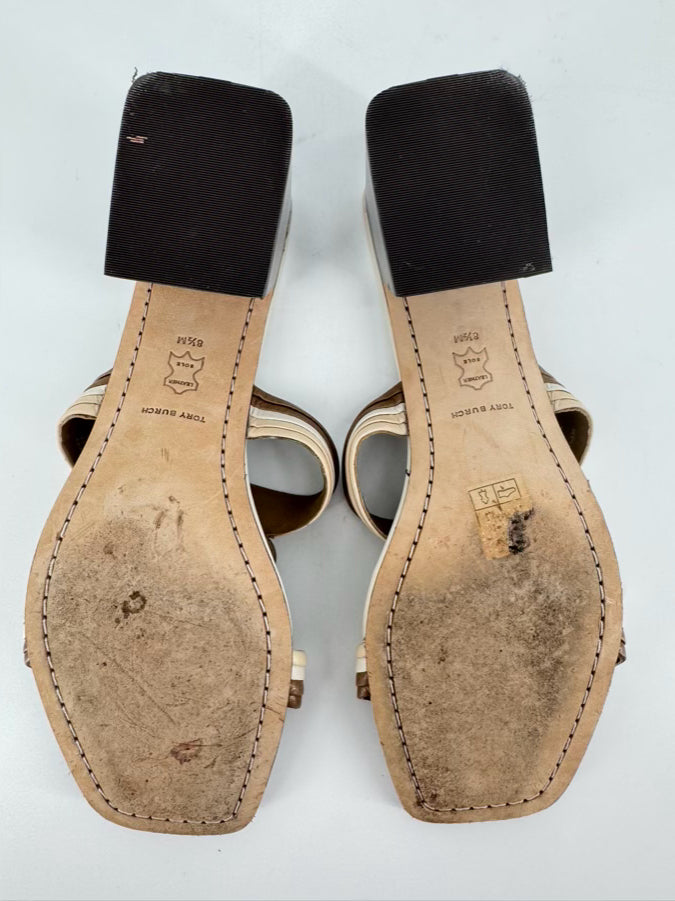 TORY BURCH Size 8.5 Brown & Cream Leather Logo Kitten Heels