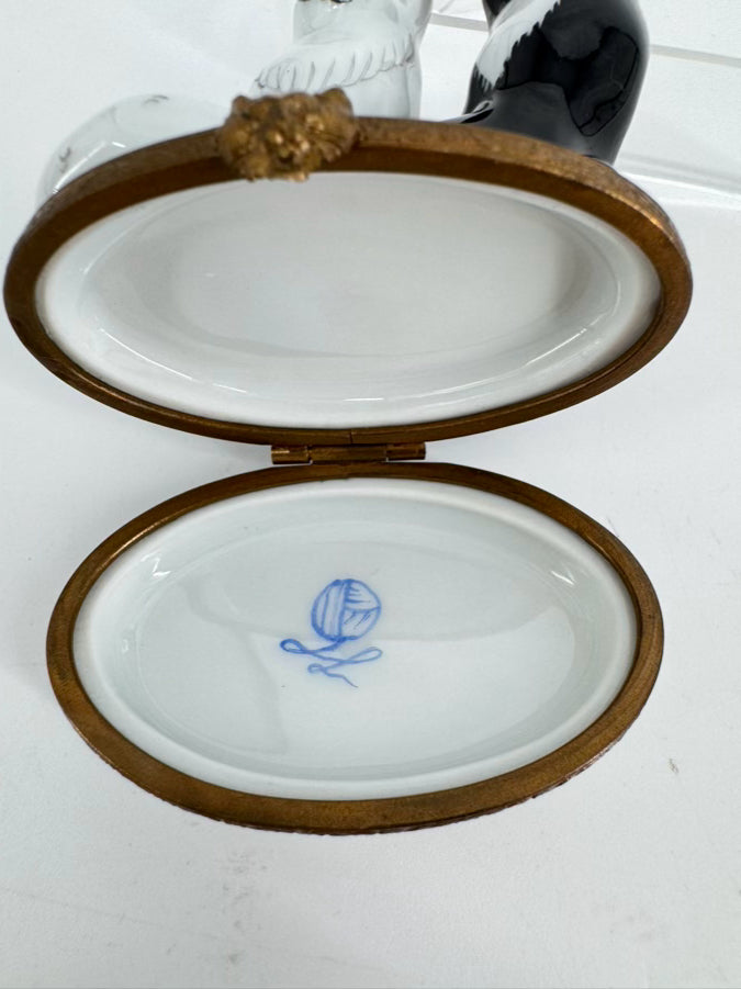 LIMOGES White & Black Cat Couple Ceramic Trinket Box