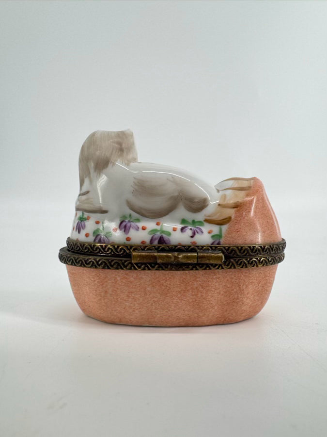 LIMOGES Peach & White Cats Wrapped in Blanket Ceramic Trinket Box