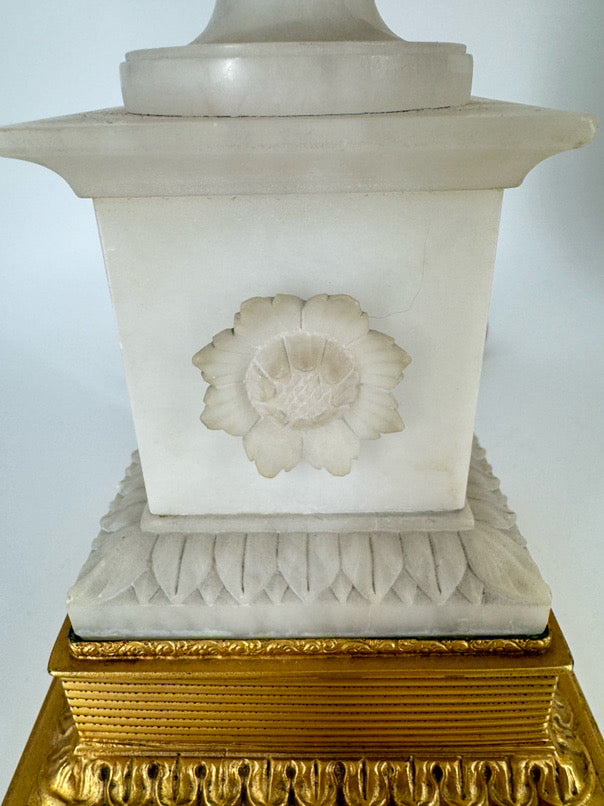 White Carved Alabaster w/ Brass Trim & Lace Embroidered Shade Pair of Lamps