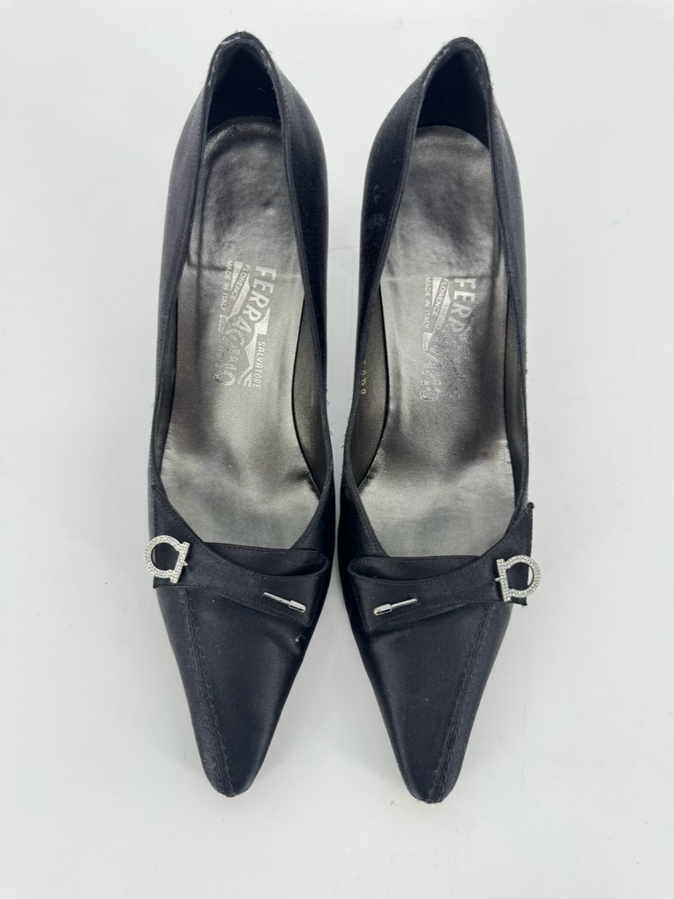 SALVATORE FERRAGAMO Size 8 Black Satin Pumps w/ Pin Detail