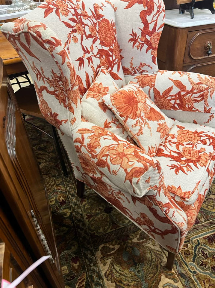 VINTAGE Rust & Cream Floral Wingback Chair w/ 2 Pillows