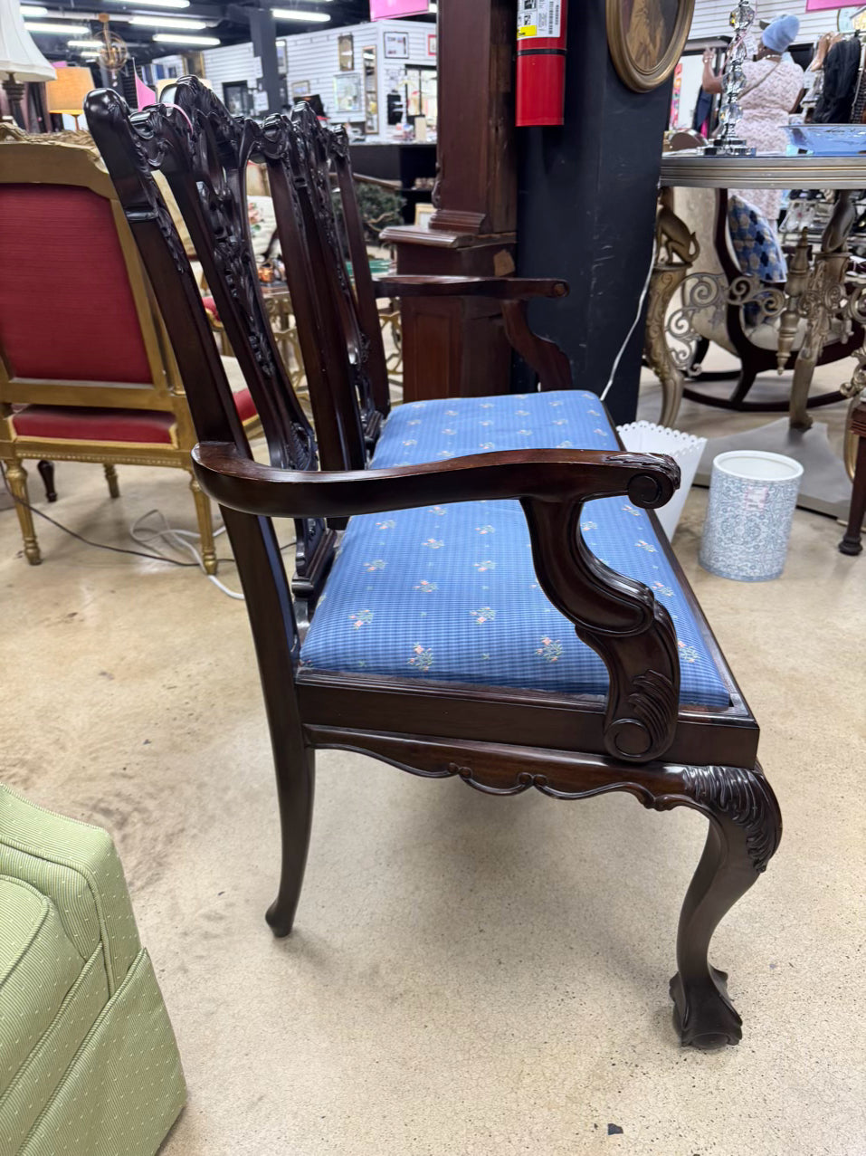 Wood Blue Upholstered 2-Seater Queen Ann Ball & Claw Feet Bench