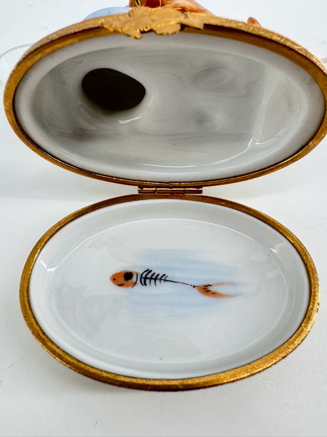 LIMOGES Orange & Blue Cat & Fishbowl Ceramic Trinket Box