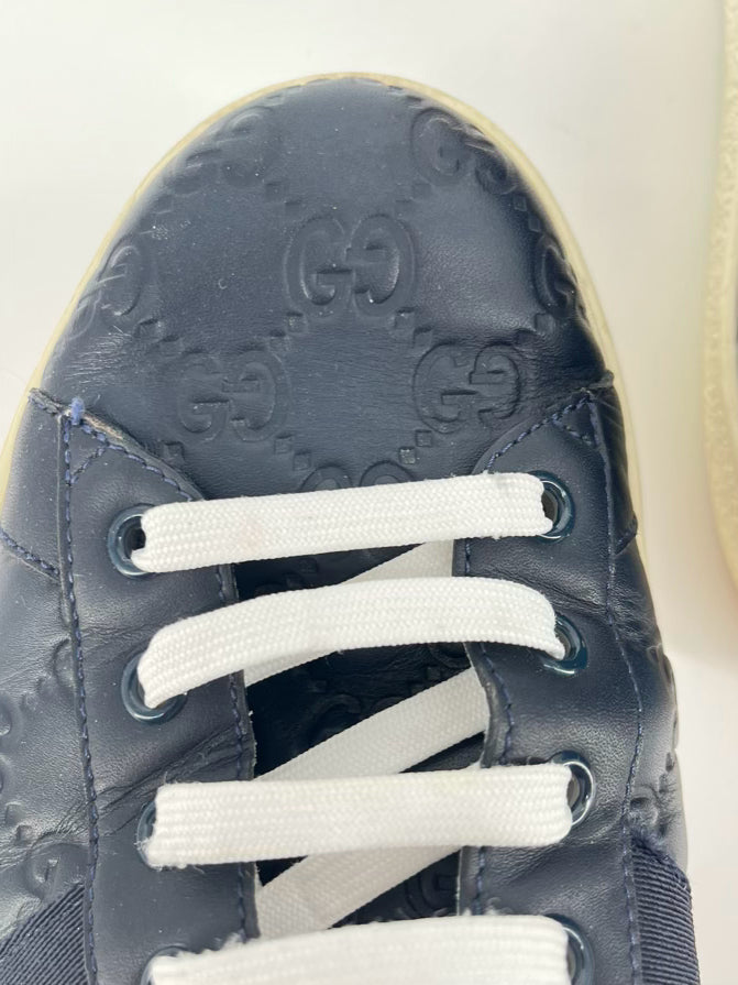 GUCCI Size 11 Navy & Red Leather Logo Ace Sneakers