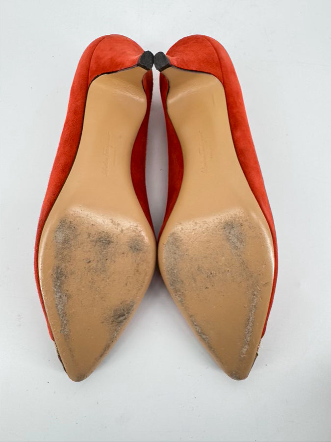 SALVATORE FERRAGAMO Size 8 Orange & Gold Toe Suede Kitten Heels