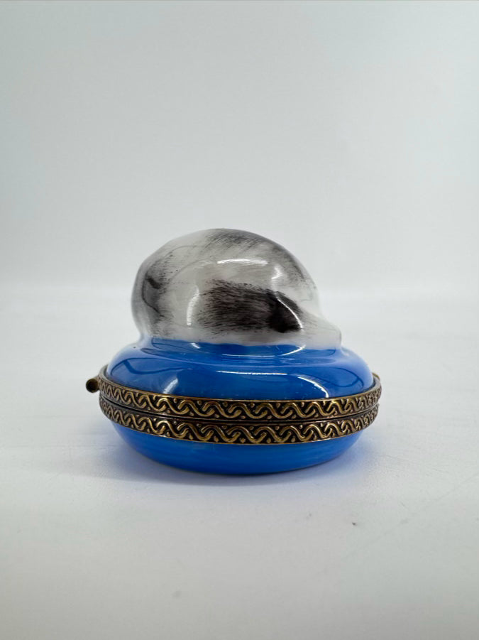 LIMOGES Black, White & Blue Cat on Blanket Ceramic Trinket Box