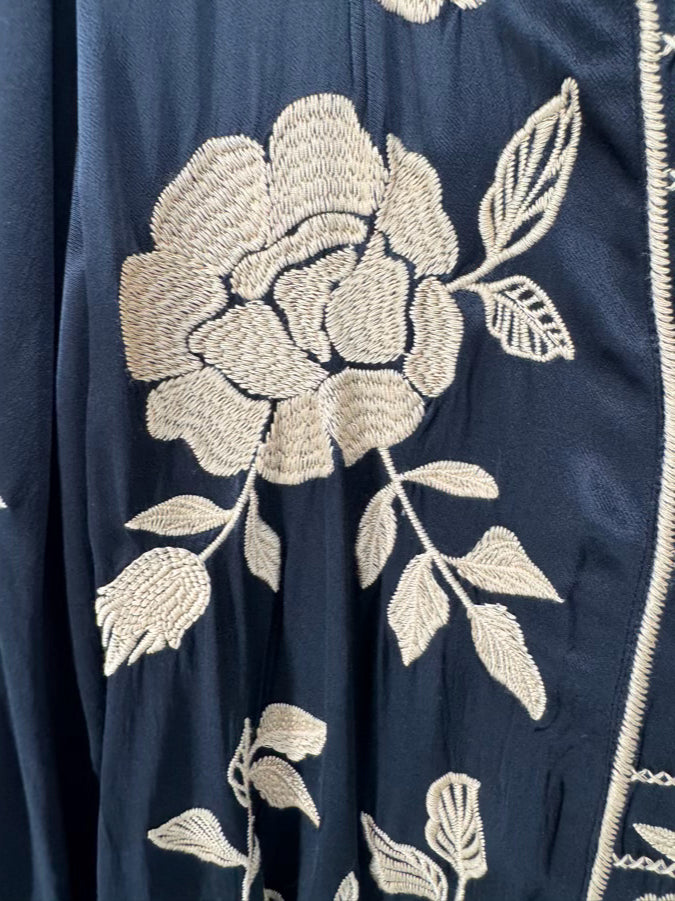 JOHNNY WAS Size S Black & Gold Embroidered Floral Martina Long Kimono NWT
