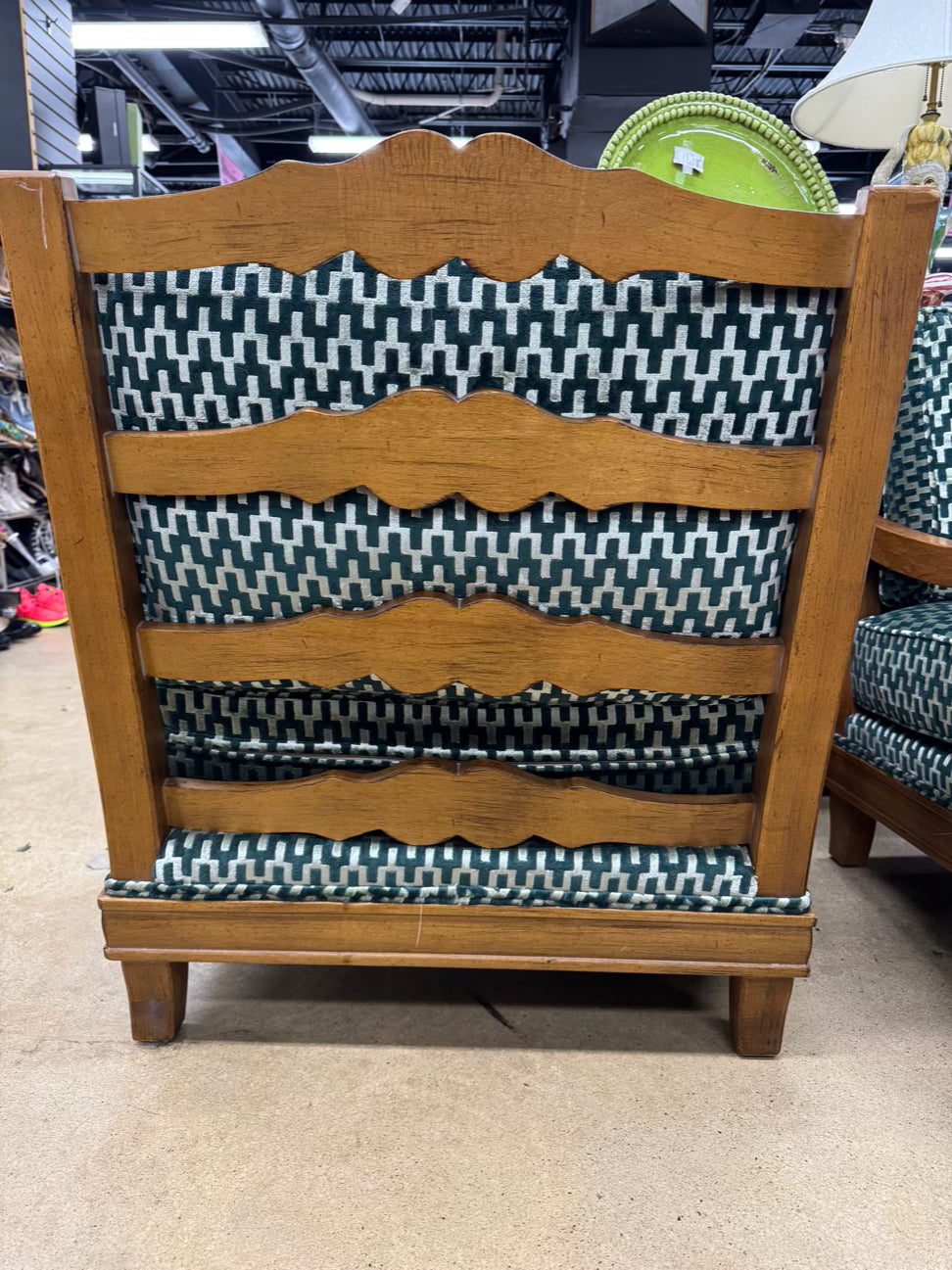 Wood Green Geometric Upholstered Pair of Chairs w/ Ottoman