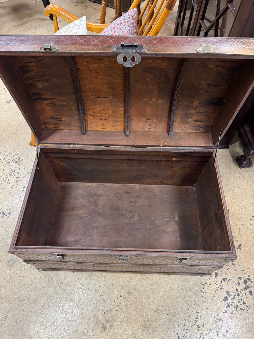 ANTIQUE Wood & Red Leather Rounded Top Trunk