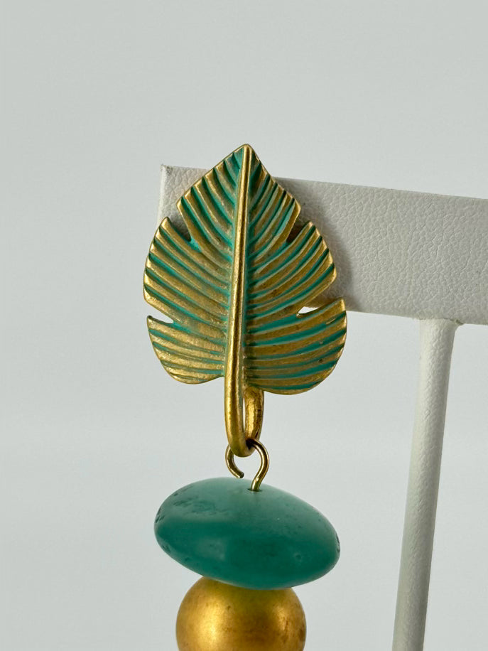 GIVENCHY Gold Tone Green Leaf Long Beaded Clip On Earrings