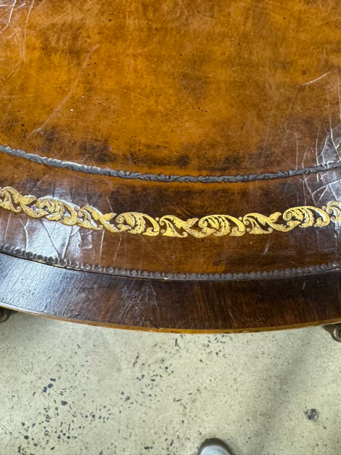VINTAGE Wood Leather Top Round Occasional Table