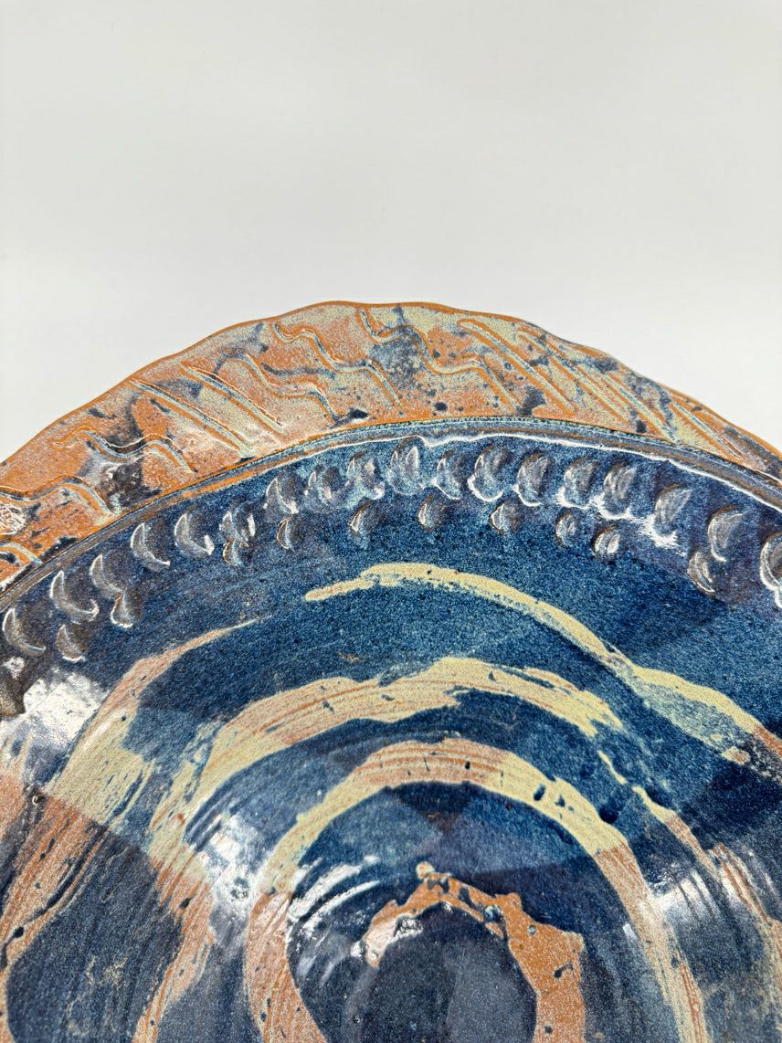 Blue & Tan Large Fish Pottery Bowl