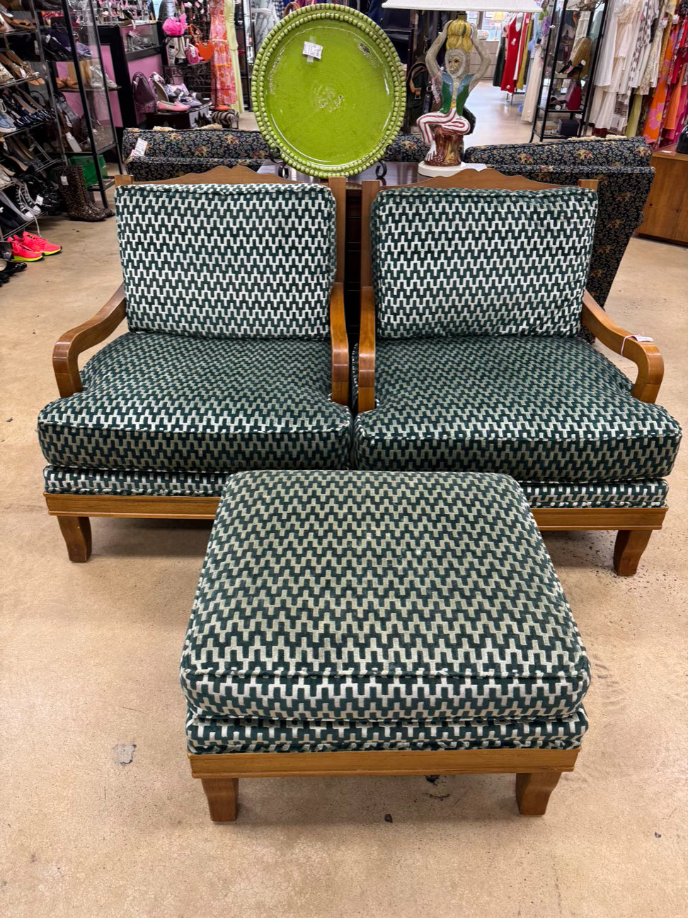 Wood Green Geometric Upholstered Pair of Chairs w/ Ottoman