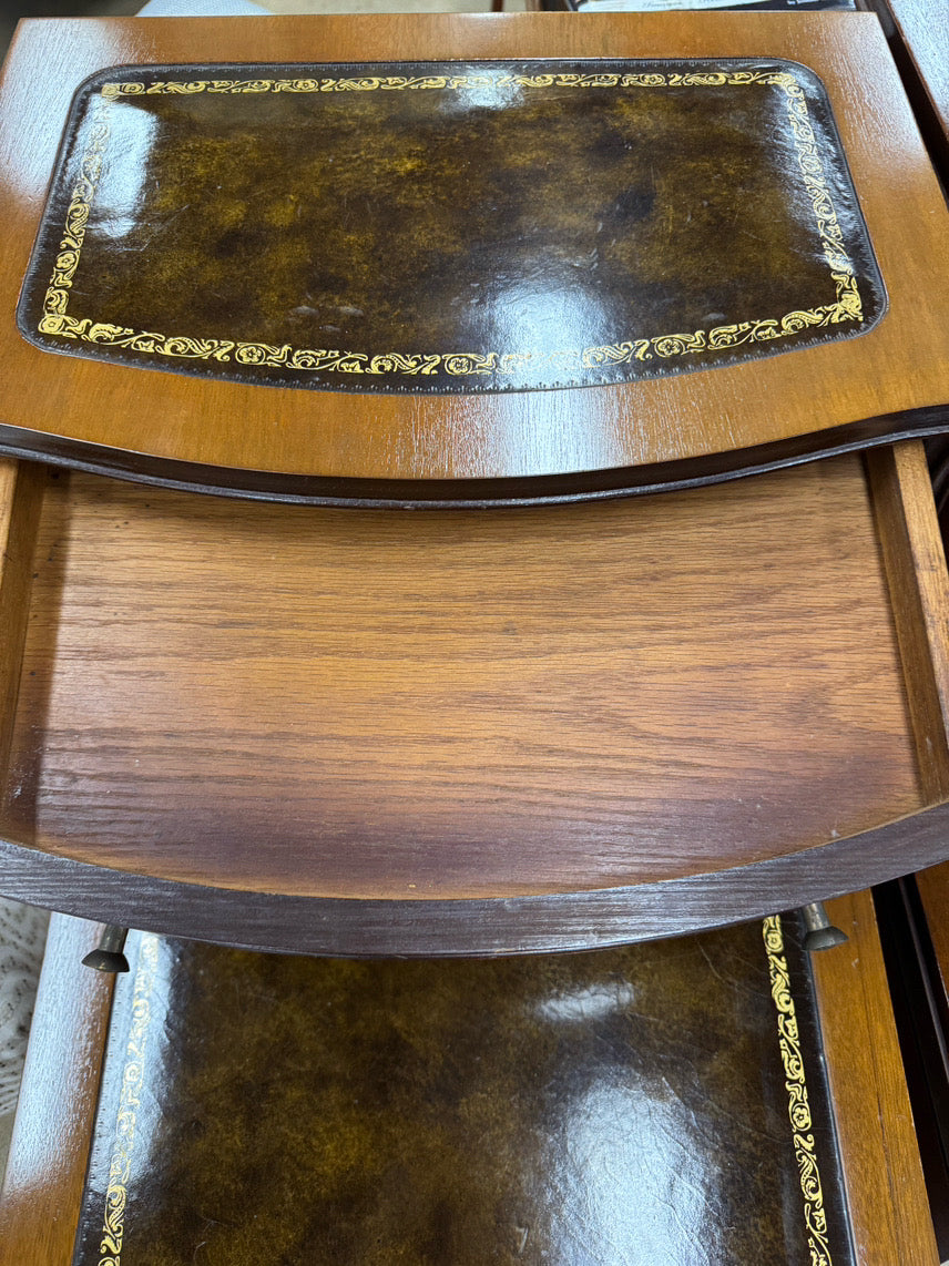 Wood Leather-Top 2-Tier Pair of End Tables