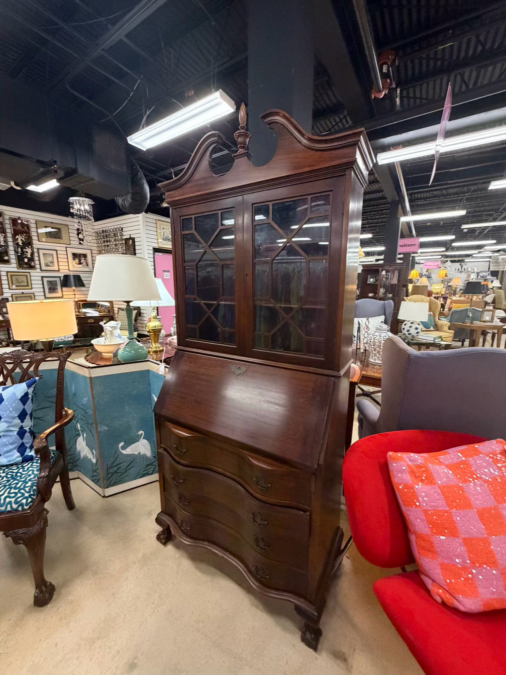 VINTAGE Dark Mahogany Secretary w/ Bookcase Top & Glass Doors